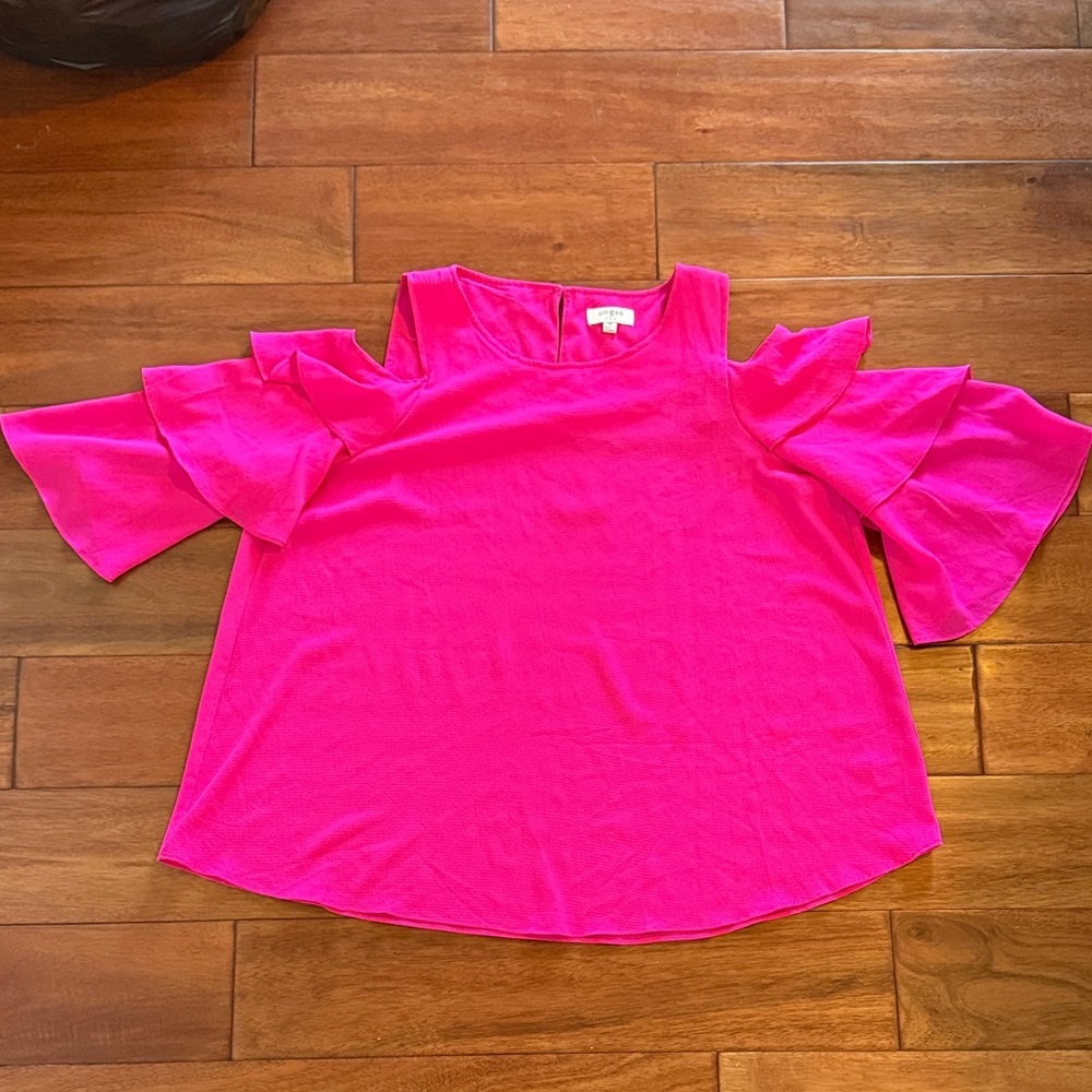 Cold-Shoulder Ruffle Blouse - Hot Pink - Picture 2 of 6
